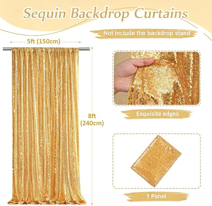 Gold Sequin Backdrop Curtains-1 Panel 5FTx8FT Gold Backdrop - Image 2