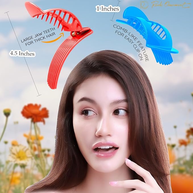 RC ROCHE 6 Pcs Flat Claw Hair Clips for Women Thick Hair French Round Duckbill Square Secure Strong Hold Grip Clamps Barrettes Curved No Slip No Crease Styling Cute Jumbo XL, Large Limited Edition