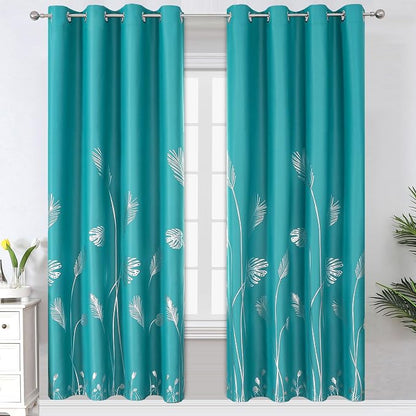 Teal Blackout Curtains for Bedroom, Room Darkening Silver Palm Tree Pattern by ESTELARTEXTILER