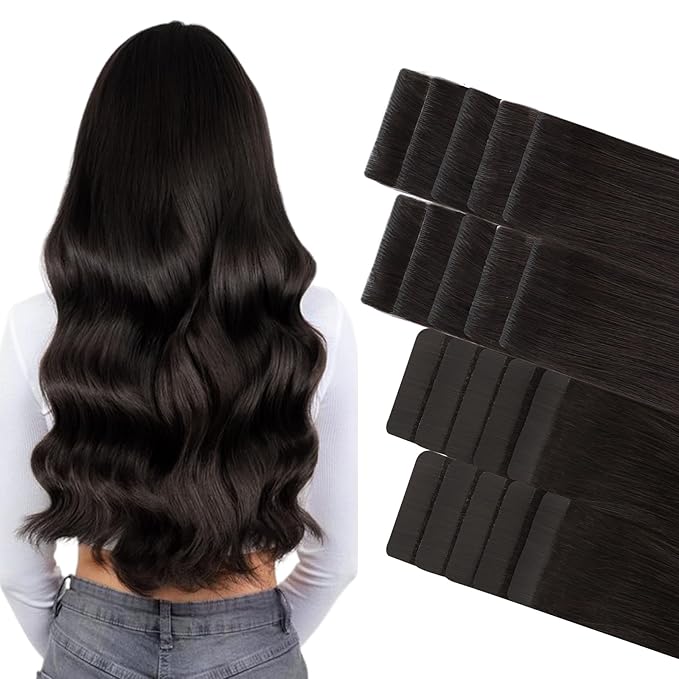 GOO GOO Invisi Edge Tape in Hair Extensions Human Hair, 2 Dark Brown 10pcs injected with 10pcs classical tape ins, 20inch 50g, Virgin Remy Hair, Natural Look