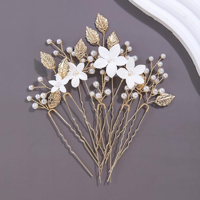 Handmade Pearl Bridal Wedding Hair Pins 9Pcs White Flower Gold Leaf Pearls Clips Bridal Hair Accessories for Women Brides Bridesmaid