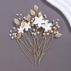 Handmade Pearl Bridal Wedding Hair Pins 9Pcs White Flower Gold Leaf Pearls Clips Bridal Hair Accessories for Women Brides Bridesmaid