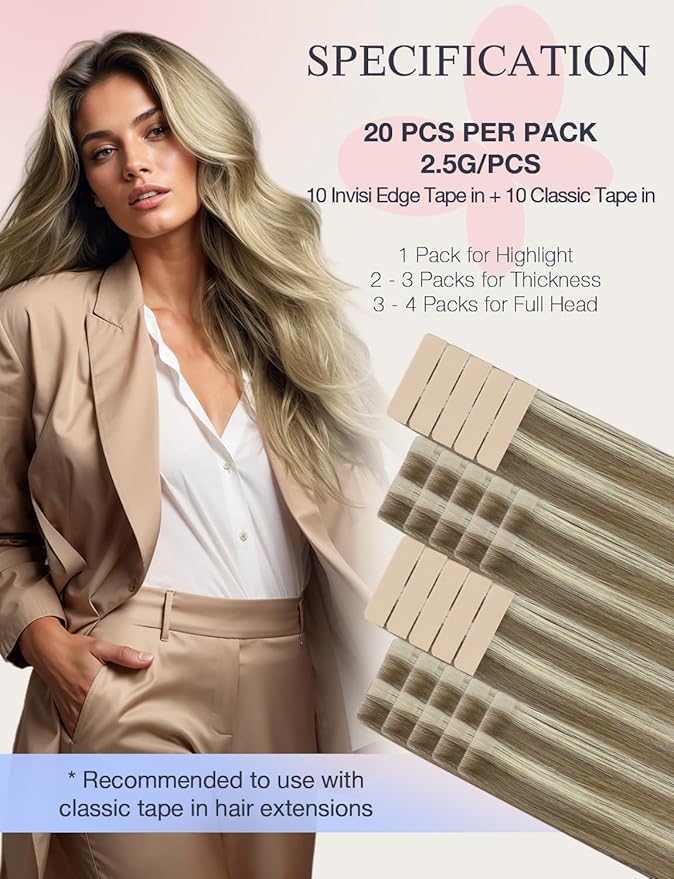 DOORES Invisi Edge Tape in Hair Extensions Human Hair, Light Brown Highlighted Medium Blonde 10 Injection Tape-ins with 10 Classic Tape-ins 50g 20 Inch, Virgin Tape in Extensions