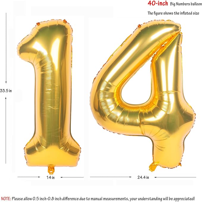 40 Inch gold Number Balloons 14 Helium Foil Mylar Balloon | Birthday Party - Image 2