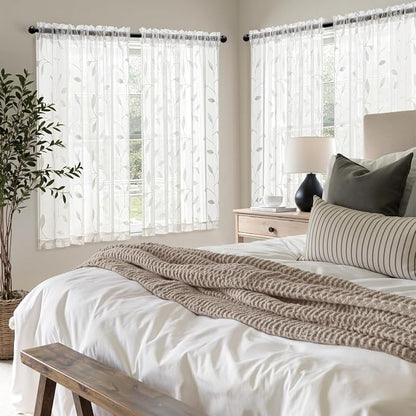 MIULEE White Sheer Curtains 2 Panels Embroidered Leaf Patterned, W52 x L54 | - Image 7