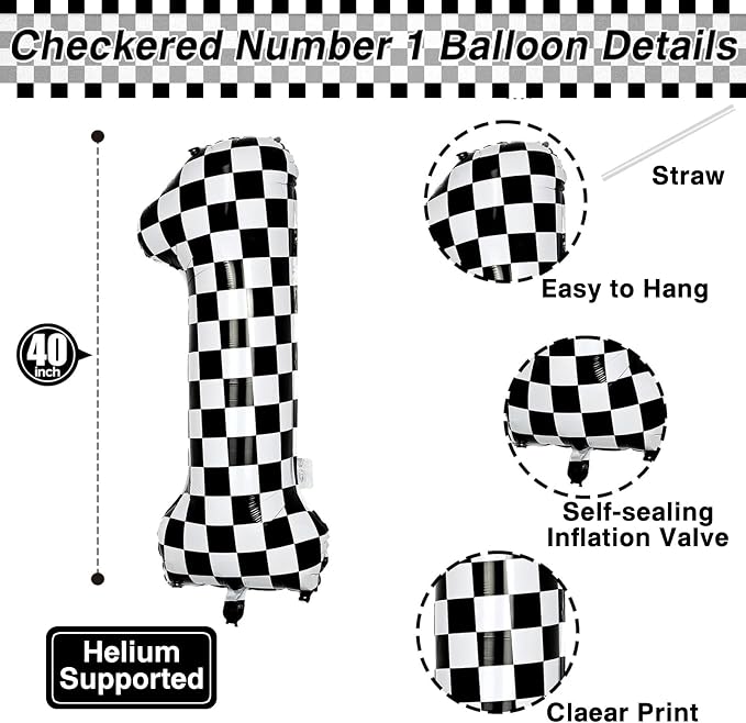 40 Inch Checkered Number 10 Balloon, Large Black and White Foil Number Balloon - Image 3