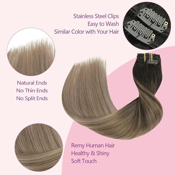 PINKPEARL Clip in Hair Extensions Real Human Hair #2/6/18 Balayage Dark Brown to Chestnut Brown and Ash Blonde 7pcs 120g 14inch Ombre Remy Human Hair Extensios Clip ins(#2/6/18-14)