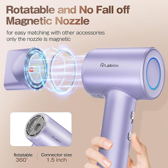 Hair Dryer, High-Speed Ionic Low Noise Blow Dryer with Brushless Motor for Fast Drying, Thermo-Control Quiet Compact Hair Blow Dryer, Hairdryer with 1 Nozzle Attachments for Home Salon Travel