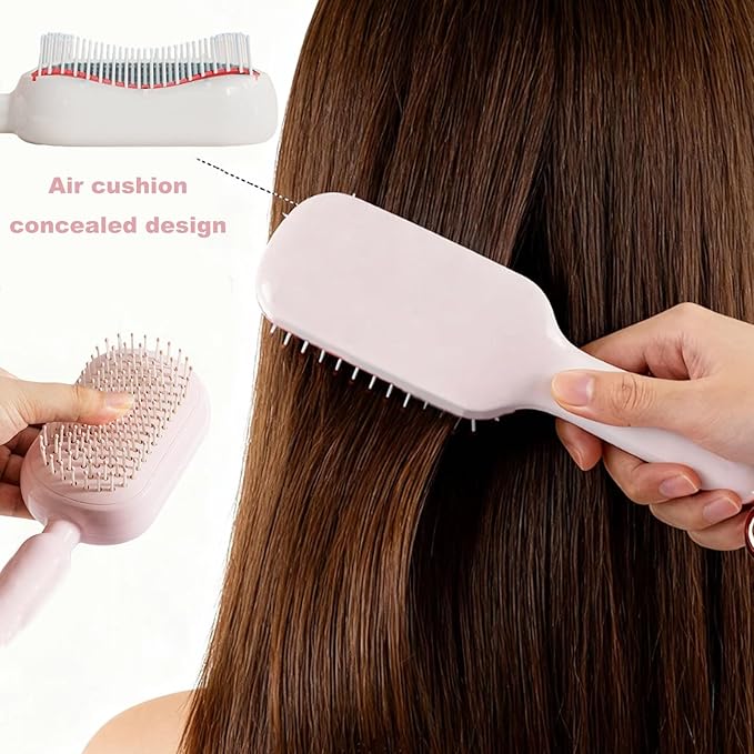 Retractable Cushion Massage Comb for Wet & Dry Hair, Anti-Static Self Cleaning Hair Brush for All Hair Types, Soft Bristles, Easy Eliminates Knots, Detangling Hairbrush for Women Men (Pink + White)