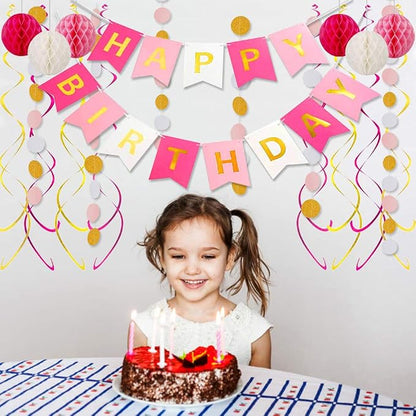 Pink Birthday Decorations with Happy Birthday Banner, Paper Honeycomb Balls - Image 5