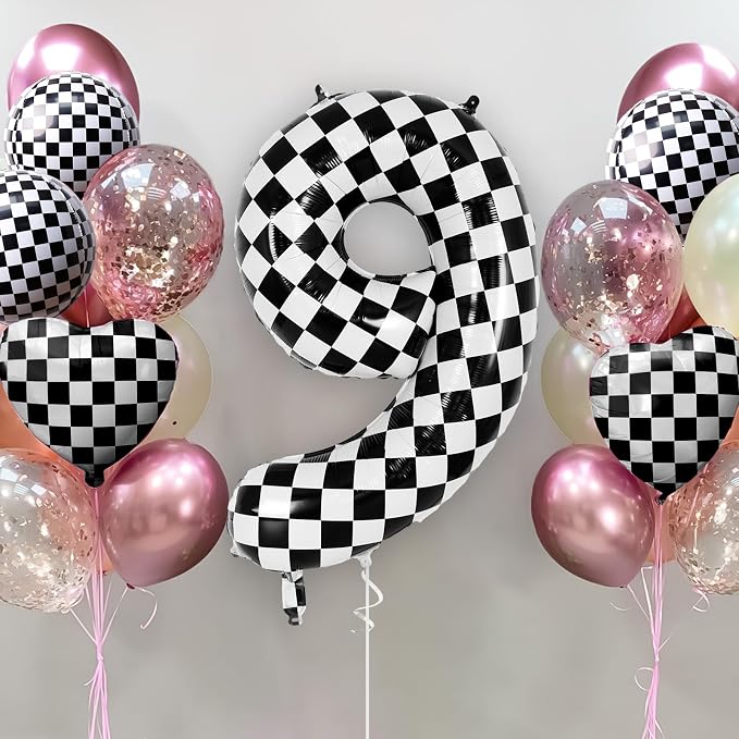 Checkered Number 9 Balloon 40 Inch, Large Foil Black and White Number Balloons - Image 2