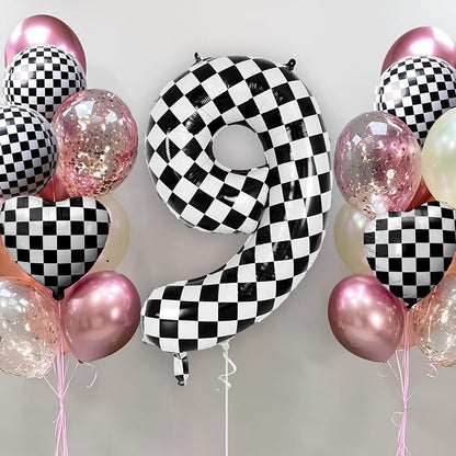 Checkered Number 9 Balloon 40 Inch, Large Foil Black and White Number Balloons - Image 2