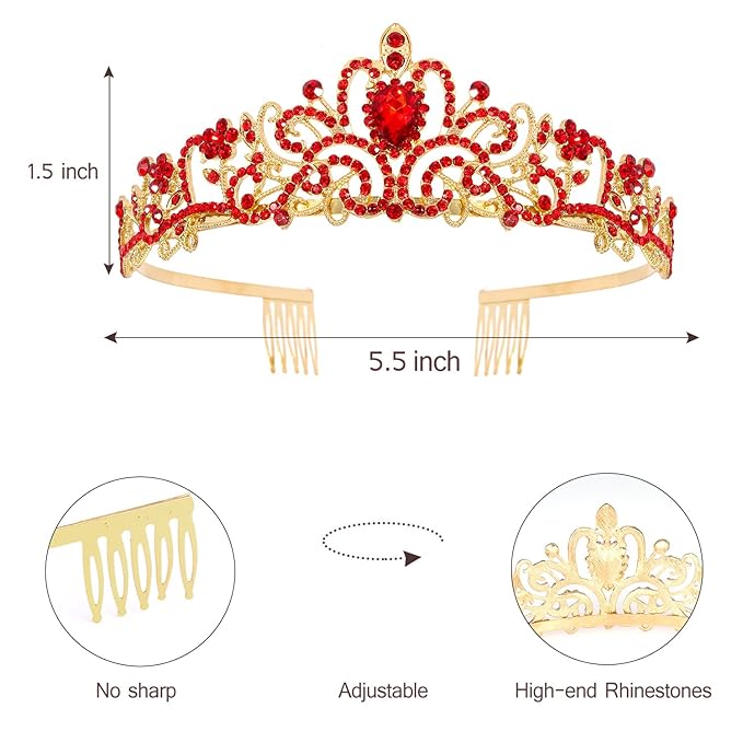 Velscrun Princess Crown, Tiara & Sash Set for Girls, Red, Wedding & Party Accessory