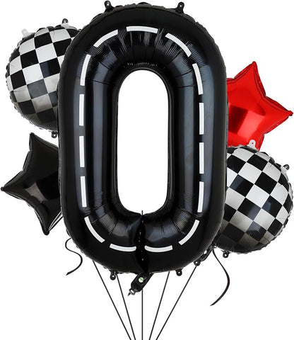 Race Car Birthday Balloons 40 Inch Racetrack Number Balloon 0 Black 5 Pcs | by GGDE