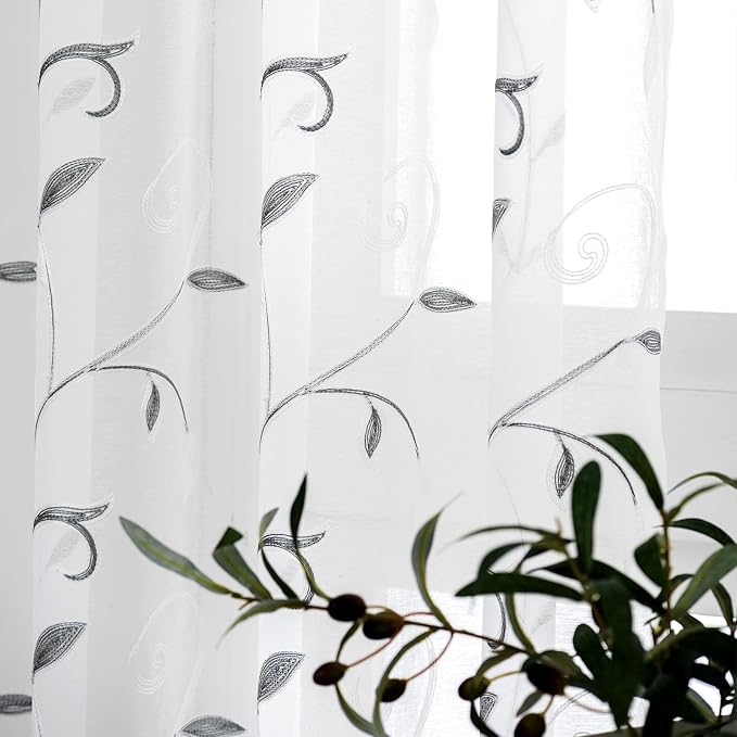 White Sheer Curtains Grey Embroidered Leaves 2 Panels 54Wx108L | Light - Image 4