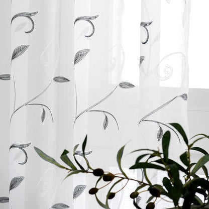 White Sheer Curtains Grey Embroidered Leaves 2 Panels 54Wx108L | Light - Image 4