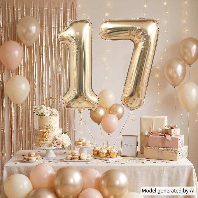 White Gold Number 17 Balloon 40 Inch, Champagne Foil Seventeenth Decoration | - Image 3