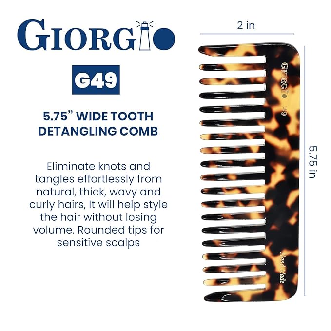 Giorgio G49 Yellow Tokio, Large 5.75 Inch Detangling Comb, Wide Teeth for Thick Curly Wavy Hair. Long Hair Detangler, Handmade of Quality Cellulose, Saw-Cut, Hand Polished.