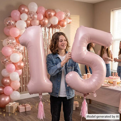 Baby Pink Number 15 Balloon 40 Inch, Foil Digits Festive Party Supplies | - Image 6