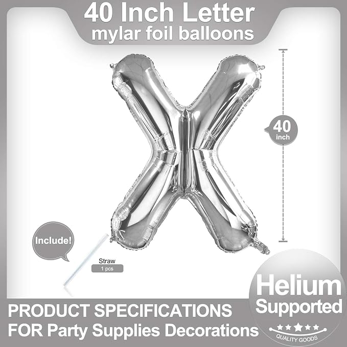 40 Inch Silver Letter X Balloons, DIY Phrase Foil Alphabet Letter X Balloons - Image 2