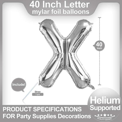 40 Inch Silver Letter X Balloons, DIY Phrase Foil Alphabet Letter X Balloons - Image 2