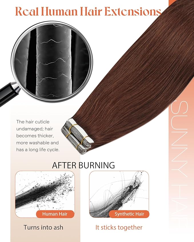Sunny Hair Tape in Hair Extensions Real Human Hair Invisible Remy Hair Extensions Tape ins for Women Auburn Brown 20 inch 20Pcs 50G