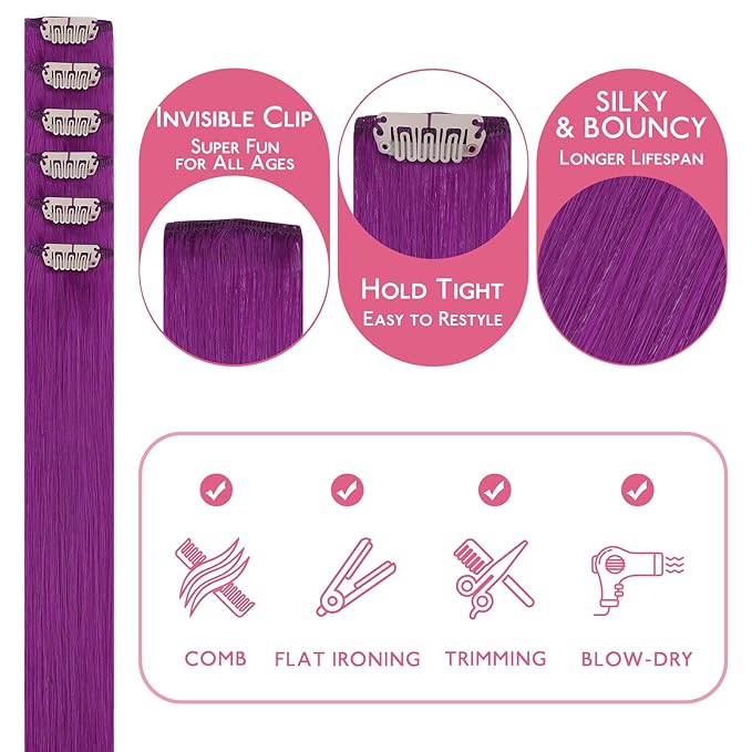 WENNALIFE Purple Clip in Hair Extensions Real Human Hair 35g 6pcs 16 Inch Colored Hair Extensions for Kids Women Colorful Hair Pieces Pop-up Style Straight Extensiones De Cabello Humano Con Clip