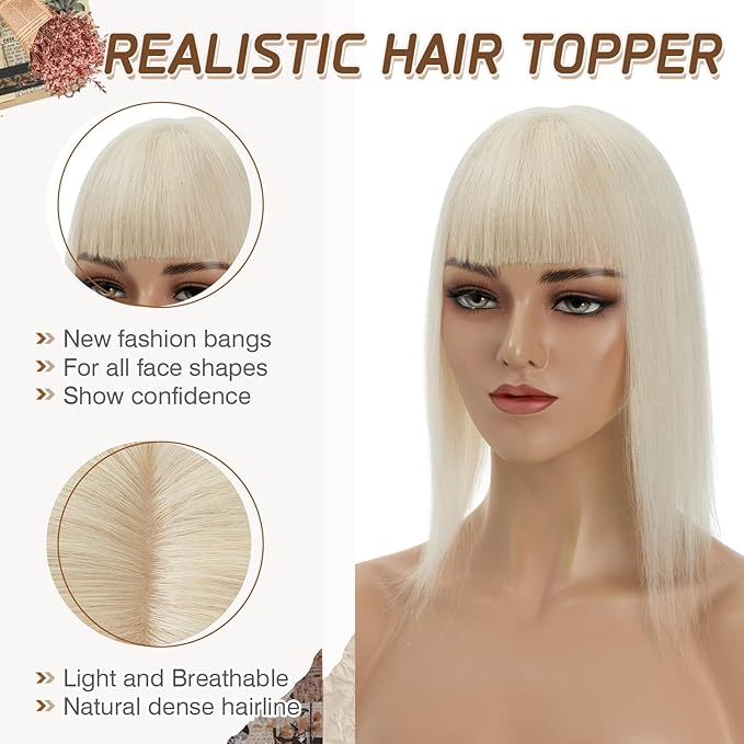 Rich Choices Real Human Hair Topper for Women With Bang - 100% Remy Hair for Thinning Hair, Clip in Silk Base, 12 Inch #60 Platinum Blonde