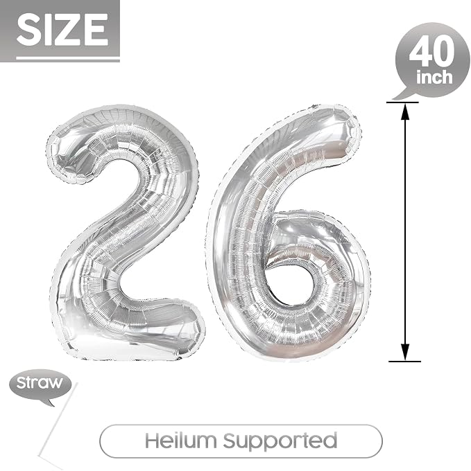 26 Balloon - Silver Birthday Number Balloons, 40 Inch Decorations Men Women | - Image 5