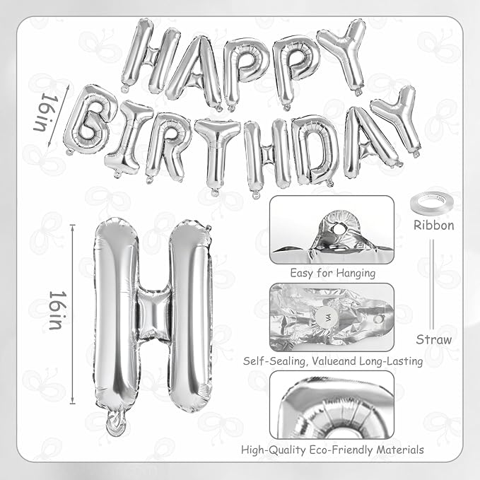 Silver Happy Birthday Balloons Banner, 16 Inch Silver Letters Aluminum Foil - Image 6