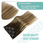 YoungSee Balayage Clip in Hair Extensions Brown Ombre Clip in Extensions Remy Hair Clip on Hair Extension for Women Chocolate Brown Roots to Medium Brown with Blonde 12inch 85g