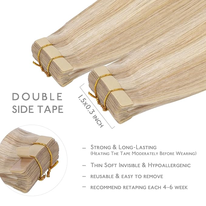 WENNALIFE Tape in Hair Extensions Human Hair, 20pcs 30g 10 inch Dirty Blonde Highlighted Bleach Blonde Remy Hair Extensions Straight Human Hair Tape in Extensions Skin Weft Extensions Hair