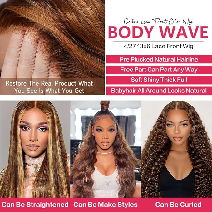 Honey Blonde 4/27 Ombre Lace Front Wig Human Hair 13x6 HD Highlight Body Wave Lace Frontal Wigs Glueless Wigs Pre Plucked with Baby Hair 180 Density 28Inch