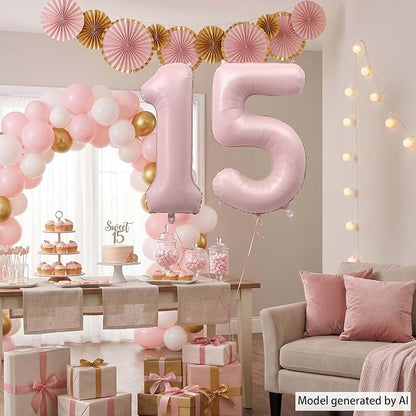 Baby Pink Number 15 Balloon 40 Inch, Foil Digits Festive Party Supplies | - Image 3