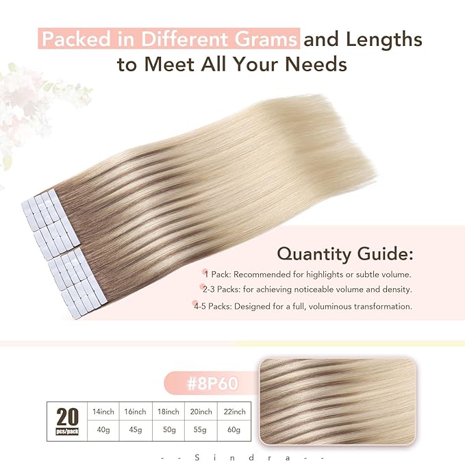 Sindra Invisible Tape in Human Hair Extensions Ash Brown to Platinum Blonde Injected Tape-ins Straight Seamless Invisible Extensions Straight 18 Inch 50g 20pcs
