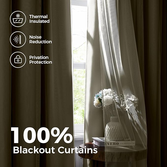 100% Blackout Curtains for Bedroom, Double Layer Beige Curtains, Room Darkening - Image 3