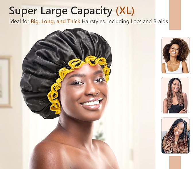 mikimini Extra Large Black Shower Cap for Women and Men Thick Long Hair Braids, Reusable Waterproof Double Layers XL Bathing Hair Caps with Vibrant Yellow Edge (Black)