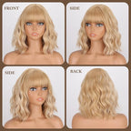 MISSQUEEN Blonde Bob Wig with Bangs Blonde Short Wavy Highlight White Wigs for Women curly hair with Bangs Heat Resistant Synthetic Wigs for Daily, Cosplay, Halloween,Party Wigs