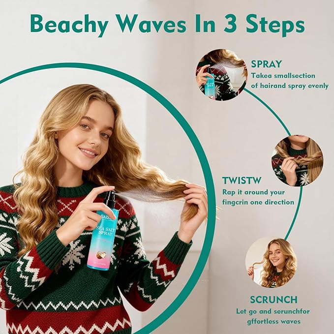 Sea Salt Spray for Women and Men, Valentines Day Gifts, Travel Essentials, Textured Beach Waves & Volume for Curly Hair, Coconut Surf Spray, Christmas Stocking Stuffers for Teen Girls, 8.8 oz