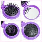 2pcs Folding Travel Mirror Hair Brushes Round Mirror Pocket Hair Brush Portable Mini Pop Up Hair Brushes for Women Girls Wet and Dry Hair (Purple, Black)