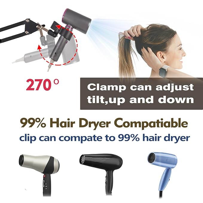 Blow Dryer Stand Hands Free 360 Rotate Hands Free Hair Dryer Holder，Adjustable Hair Dryer Stand Hands Free, Hands Free Blow Dryer Holder Stands Free Clip Suitable for 99%