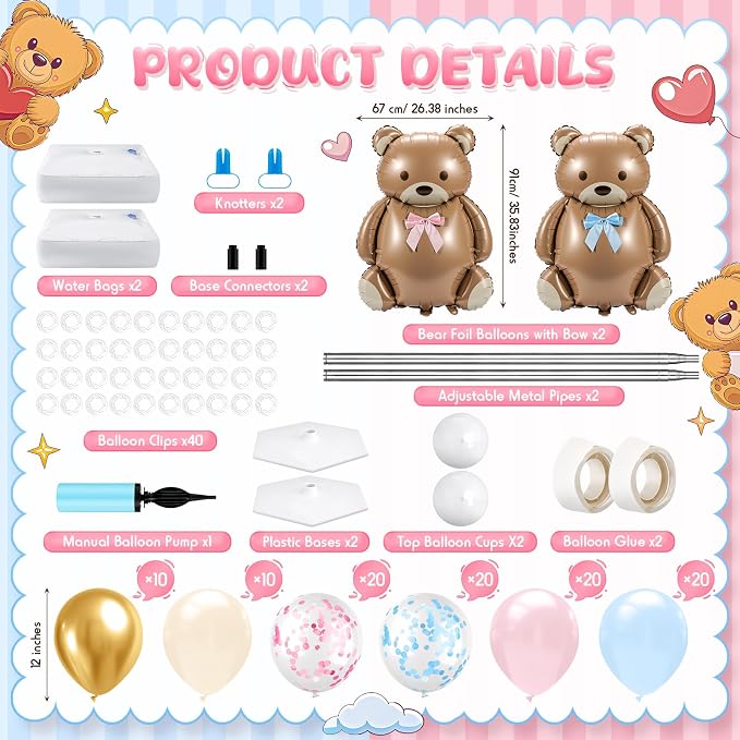 Lunmon 2 Sets Bear Gender Reveal Decorations, Bear Balloon Column Stand Kit - Image 2