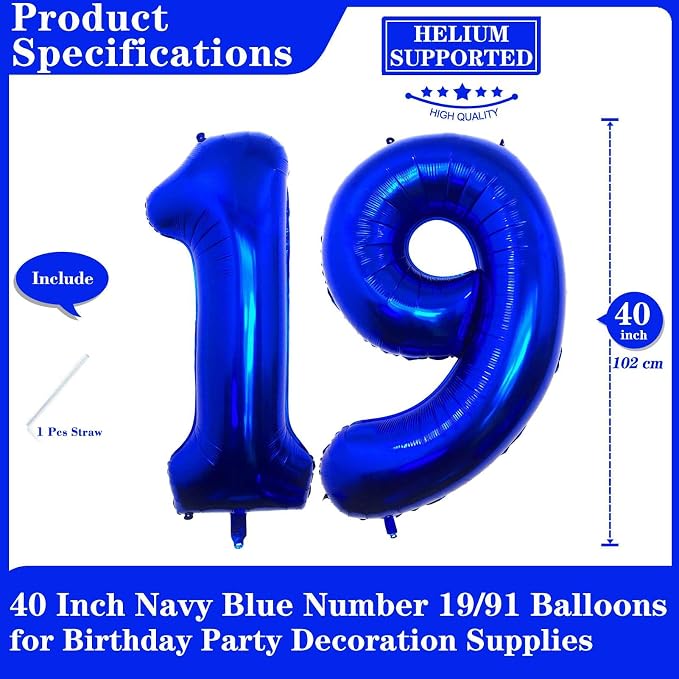 Navy Blue 19 Number Balloons, 40 Inch Giant Number 19 Balloons Foil Mylar - Image 2