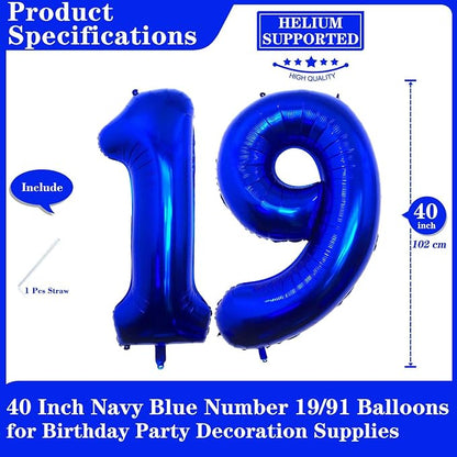 Navy Blue 19 Number Balloons, 40 Inch Giant Number 19 Balloons Foil Mylar - Image 2