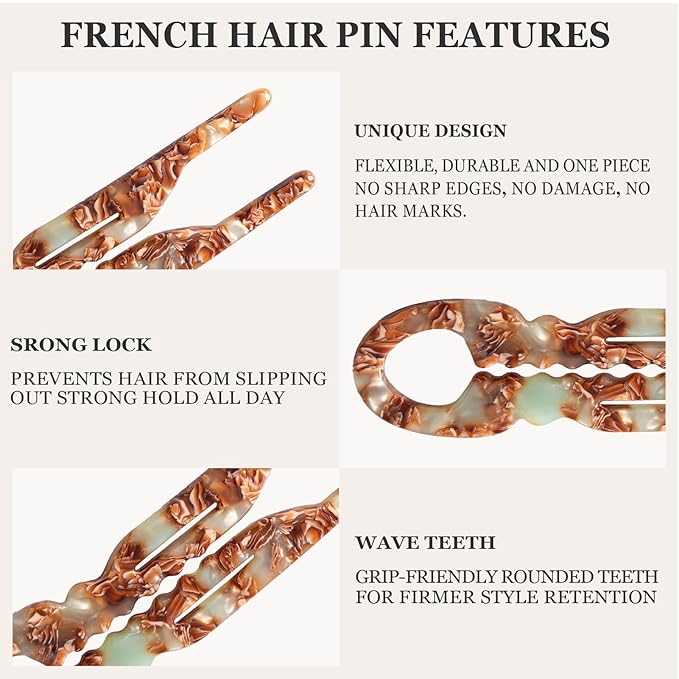 Sunolga 3pcs Prestige French Hair Pins for Women, 4.38" Large, Serrated Anti-Slip Design, Curved Shape for Better Head Fit, Coquette Elegant Hair Accessories for Updos, Chignon, Bun Hairstyles