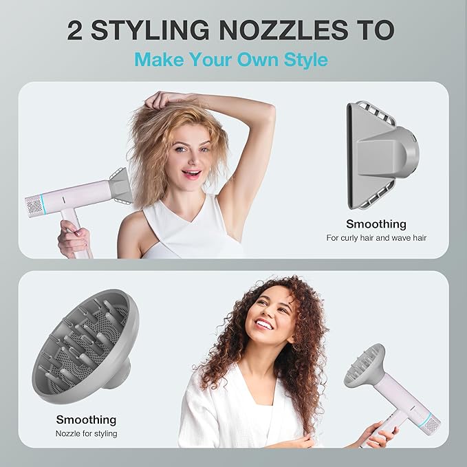 Ionic Hair Dryer with Diffuser and Concentrator, Professional Lightweight Quiet Blow Dryer, Powerful 1600 Watt Motor for Fast Drying and Straight & Wavy Hair, 3 Temps/2 Speeds, 6.56 Ft Cord, White