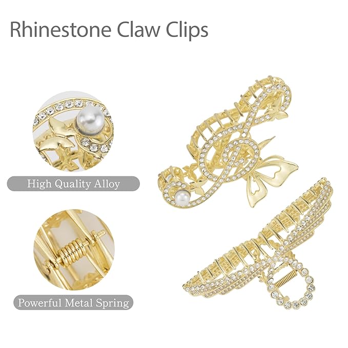 2PCS Gold Music Note Rhinestone & Pearl Claw Clips, Large Metal Hair Clips, Bling Hair Accessories for Women & Girls