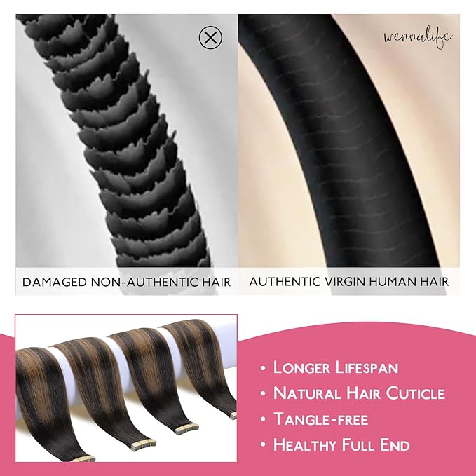 WENNALIFE Tape in Hair Extensions Human Hair Balayage Dark Brown Mixed Chestnut Brown Tape in Extensions, 10pcs 25g 18 inch Remy Invisible Tape Ins Straight Soft Real Human Hair Tape in Extensions