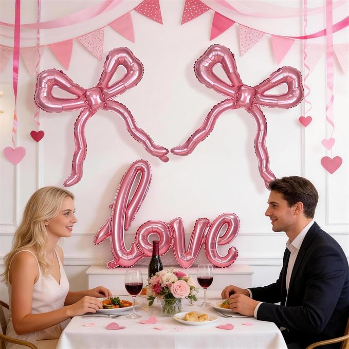 Pink Love Bow Balloons Set, 42 Inch Giant Foil Love Letter Balloon 22 Inch Bow - Image 4