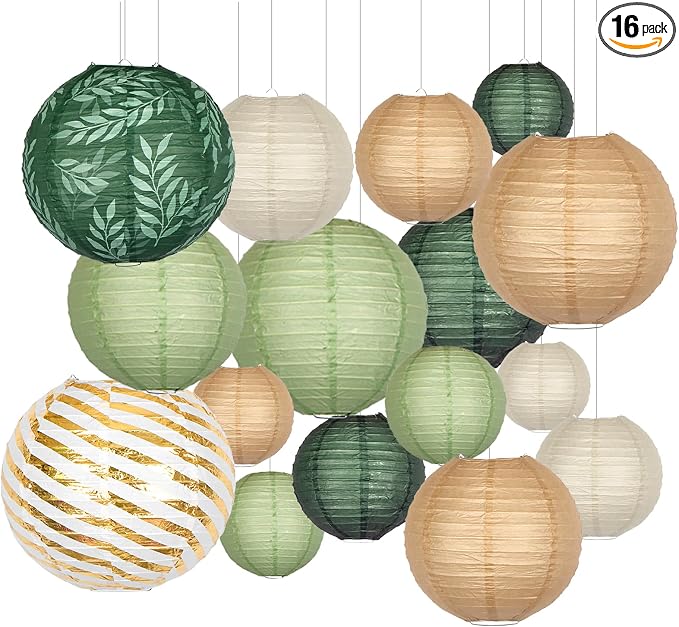 16-Pack Chinese Paper Lanterns, Sage Green Brown Party Decorations | by KAXIXI